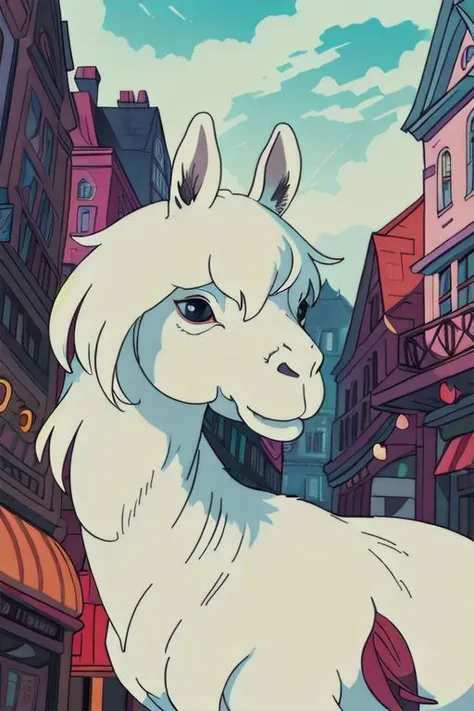 ghibli style, Stunning Opus Magnum, fancy llama in the town. detailed, intense shadows, Rim light,  ultra sharp, best quality, 8k, HDR.