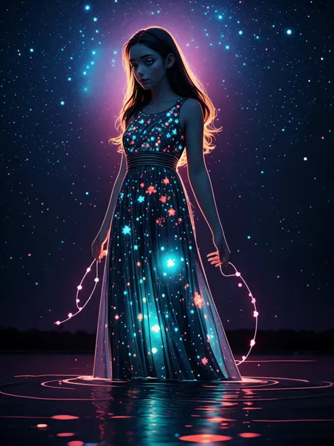 breathtaking  1girl,  standing on shallow water, dark moonless sky background, dress hems floating gently on the surface of the water, <lora:_20231008103644:0.7> glowing body, in dark, neon lamp <lora:GEMSHADOW-noise-common:0.8> gemshadow <lora:celestial_m...