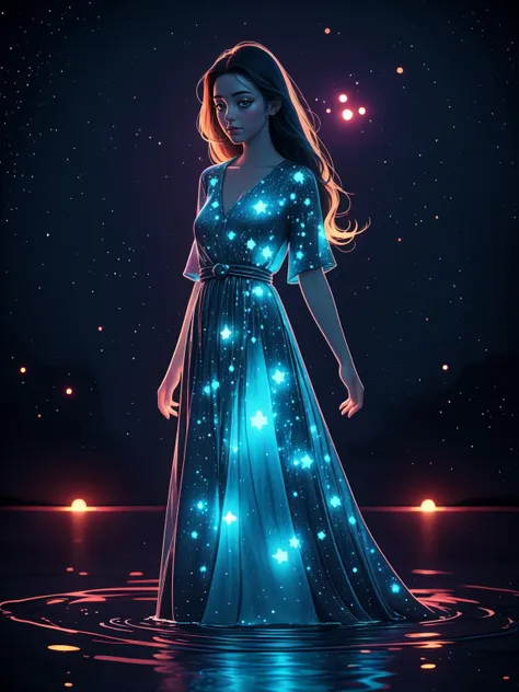 breathtaking  1girl,  standing on shallow water, dark moonless sky background, dress hems floating gently on the surface of the water, <lora:_20231008103644:0.7> glowing body, in dark, neon lamp <lora:GEMSHADOW-noise-common:0.8> gemshadow <lora:celestial_m...