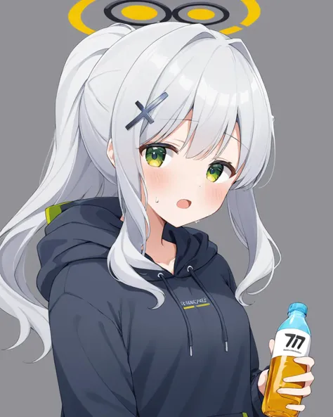 hare (blue archive),1girl, solo, ponytail, black_hoodie, simple_background, holding, open_mouth, grey_background, blush, cross_hair_ornament, hood_down, sweatdrop, upper_body, x_hair_ornament, bottle
<lora:hare_(blue_archive)_image423_2023-11-26:1>halo. go...