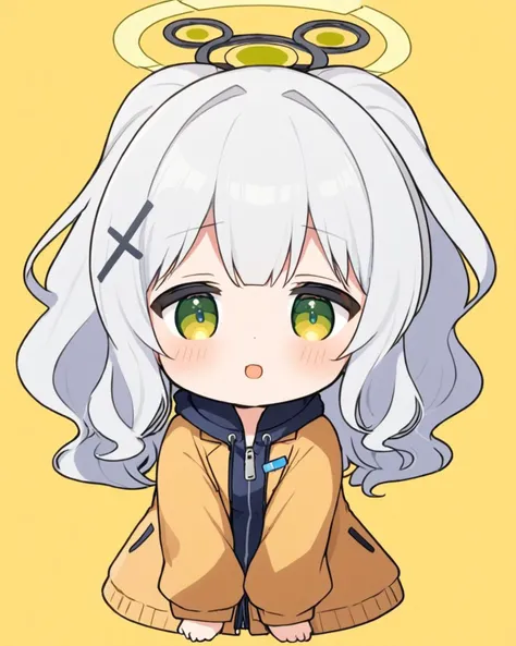 hare (blue archive),halo, hair_ornament, chibi, open_mouth, :d, solo_focus, blush_stickers, white_outline, upper_body, yellow_background, jacket, 1girl, ^_^, ponytail, long_sleeves, facing_viewer, 2girls, blush
<lora:hare_(blue_archive)_image423_2023-11-26...