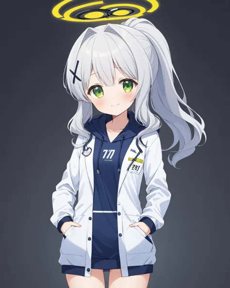 breathtaking,hare (blue archive),1girl, solo, looking at viewer, blush, smile, simple background, hair ornament, long sleeves, white background, closed mouth, jacket, ponytail, heart, cowboy shot, hoodie, halo, spoken heart, hands in pockets, labcoat
<lora...