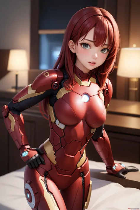 (best quality, masterpiece, perfect face), intense red hair, sexy 18 years old girl, medium breasts, in ironman suit