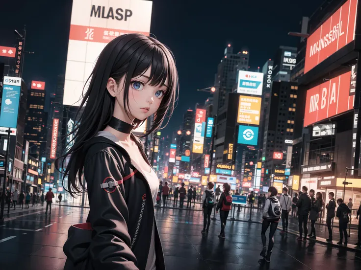 a woman in a black jacket standing in a city at night