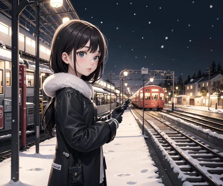 (masterpiece), 1girl, elegant, winter, train platform, snowing, thick cloths, gloved, breath vapor, blurred background, tilt shift, matte painting, visually stunning, bokeh