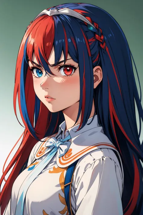 a close up of a woman with long red hair and blue eyes