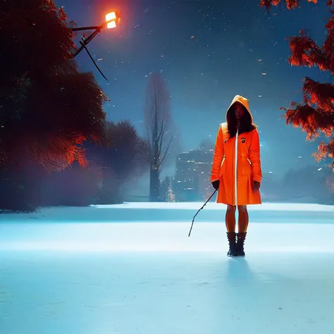 arafed image of a person in an orange coat standing in the snow