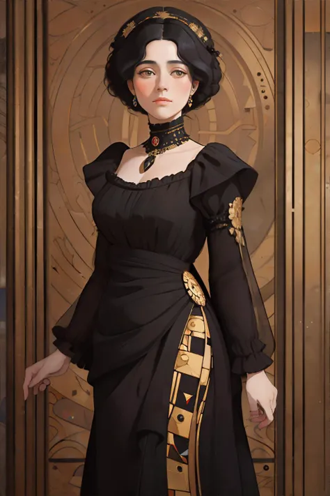 <clip:skip:2>, <lora:gustavklimt:0.8>, by gustavklimt, woman with black hair wearing black and yellow dress, masterpiece, 8k, high resolution, shallow depth of field, sharp focus