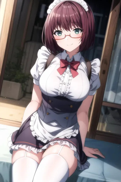 1girl, reddish purple hair, light blue eyes, eyebrows visible through hair, glasses, looking at viewer, short hair, smile, dress, frilled apron, frills, maid, maid apron, puffy short sleeves, puffy sleeves, short sleeves, thighhighs, waist apron, white apr...