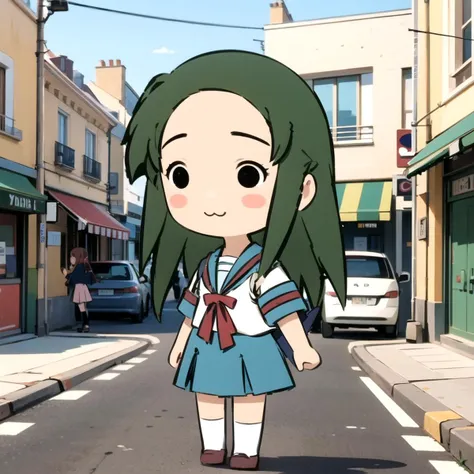 anime character in a school uniform standing in the middle of a street