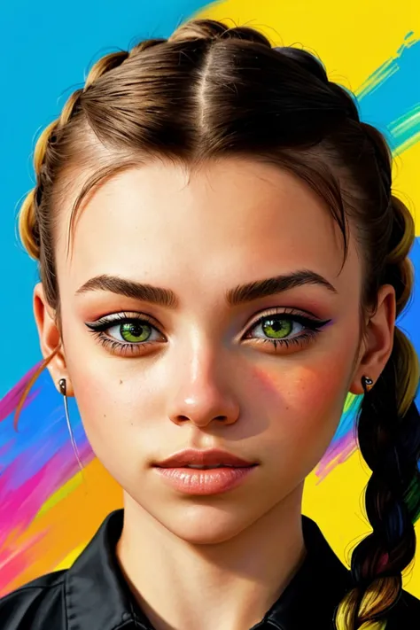 (fauvist style, bright, unnatural colors, bold brushwork:1.15), <lora:sd15_SophieXdt_locon_32_v1:.9> SophieXdt, focus on eyes, close up on face, hair styled as Straight Dutch Braid,