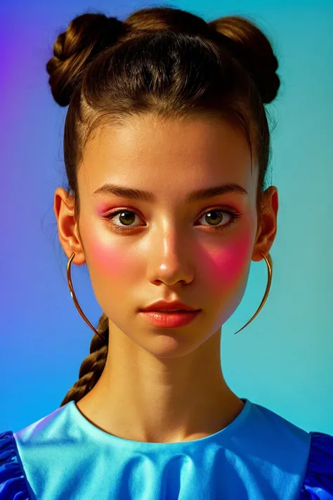 (style of Peter Wileman:1.15), (eye level, closeup on face:1.2) of <lora:sd15_SophieXdt_locon_32_v1:.9> SophieXdt, she is wearing frilled shirt , her hair is styled as chinese braided bun, BREAK she is (in the gym:1.1), high key brightly lit, solarized,Ekt...