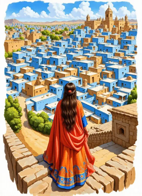 a high-angle view showcasing a scenic landscape with a woman with long hair in a colorful orange and blue outfit, draped in a fl...