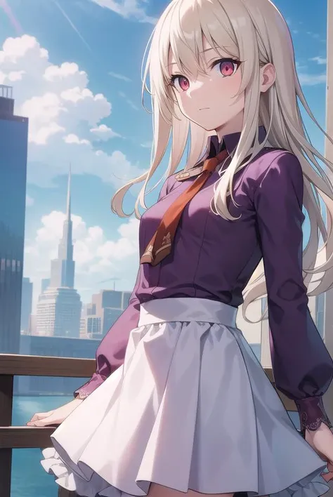 anime girl in a purple dress standing on a balcony overlooking a city