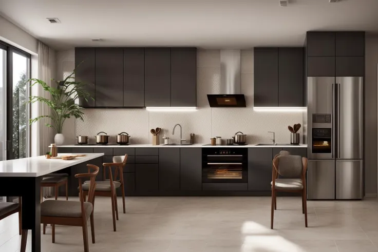 interior, a kitchen with a table and chairs and a wine rack in the middle of the room with a window, Dahlov Ipcar, vray render, a 3D render, photorealism
interior, food, indoors, no humans, window, chair, table, plant, scenery, plate, shelf, kitchen, fryin...