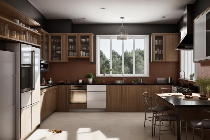 a close up of a kitchen with a table and chairs