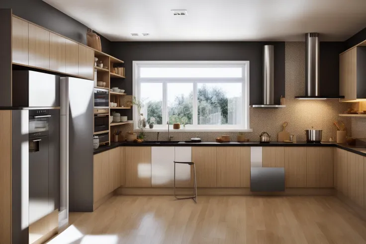 a close up of a kitchen with a refrigerator and a window