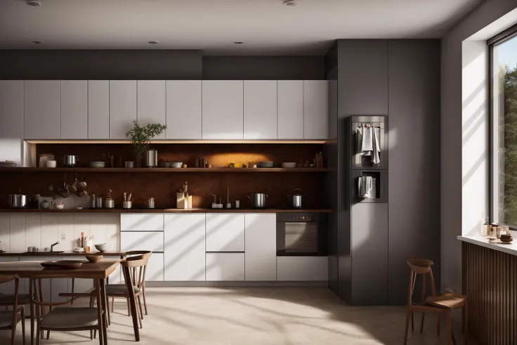 interior, a kitchen with a table and chairs and a wine rack in the middle of the room with a window, Dahlov Ipcar, vray render, a 3D render, photorealism
interior, food, indoors, no humans, window, chair, table, plant, scenery, plate, shelf, kitchen, fryin...