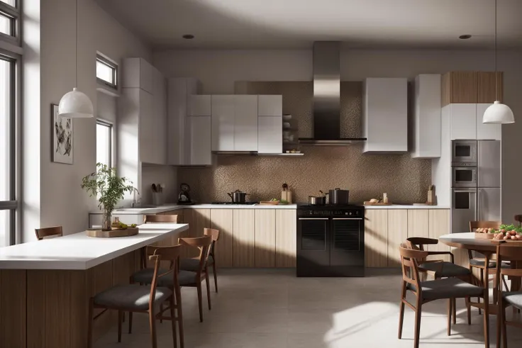 interior, a kitchen with a table and chairs and a wine rack in the middle of the room with a window, Dahlov Ipcar, vray render, a 3D render, photorealism
interior, food, indoors, no humans, window, chair, table, plant, scenery, plate, shelf, kitchen, fryin...