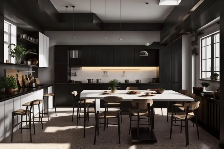 a close up of a kitchen with a table and chairs