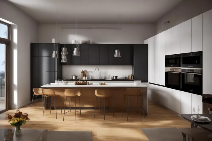 interior, a kitchen with a table and chairs and a wine rack in the middle of the room with a window, Dahlov Ipcar, vray render, a 3D render, photorealism
interior, food, indoors, no humans, window, chair, table, plant, scenery, plate, shelf, kitchen, fryin...