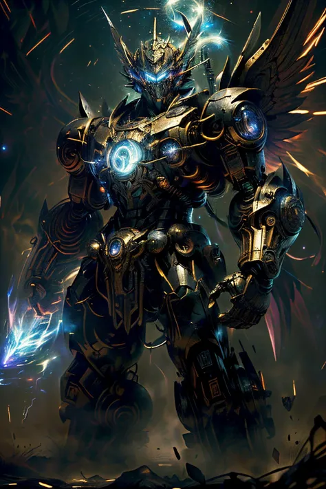 <lora:ChronomancyMecha:1>, (masterpiece, best quality:1.3),extremely high detailed, intricate, 8k, HDR, wallpaper, cinematic lighting ,(universe), glowing, armor, glowing eyes, mecha, large wings,