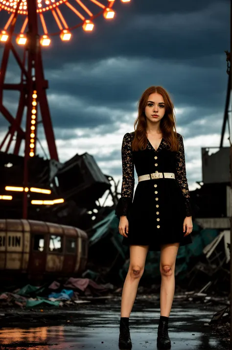 arafed woman in a black dress standing in front of a ferris wheel