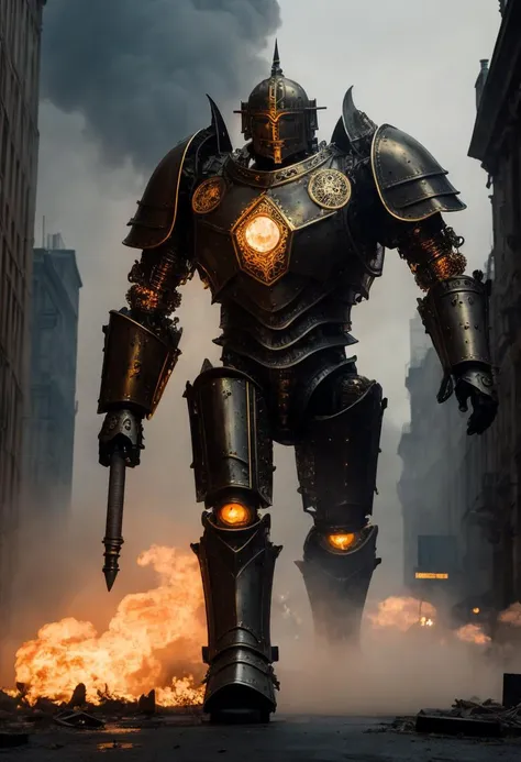 (giant brass golem, giant evil and terrifying steam powered  brass robotic golem, centurion style robot, looming, huge and imposing, armor, breastplate, shoulder pads, filigree, bracers:1.4), attacking a crowded victorian gothic city street, destruction, r...