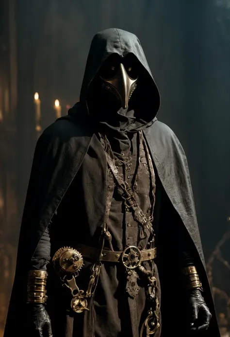 plague doctor mask, hooded, plague doctor with a brass mask, cogs and clockwork machinery, wearing a bloodstained apron and heavy leather cloak, cinematic film still, directed by Denis Villeneuve|Zack Snyder, steampunk masterpiece, (victorian style:1.2)