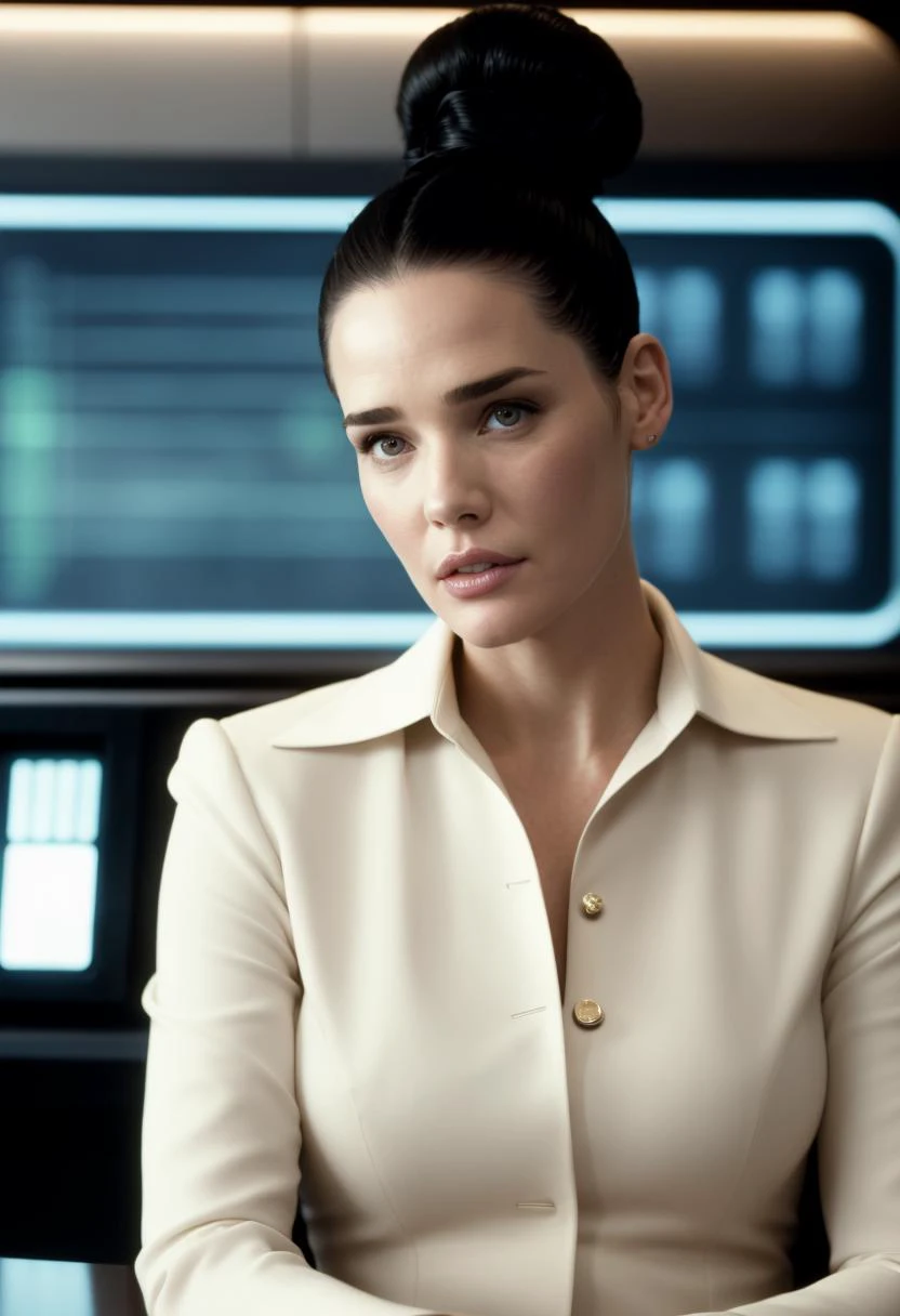 aloof woman sitting behind a counter in a bank, high-tech future fashion, bun hair style, jennifer connelly|liv tyler, high collared dress and geometric makeup, low neckline, cinematic film still from Starship Troopers|mass effect|blade runner|the expanse