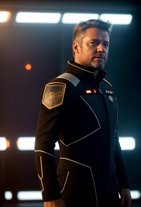 professional portfolio photograph, 1man, a handsome starship captain, (Henry Cavill:0.7)|Hugh Jackman|Russell Crowe, well fitting futuristic space commander uniform, stubble, on the bridge of  an advanced space faring war ship, high tech computers,, crew i...