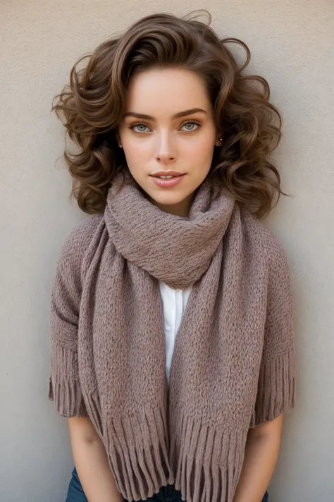 a woman wearing a scarf and jeans leaning against a wall