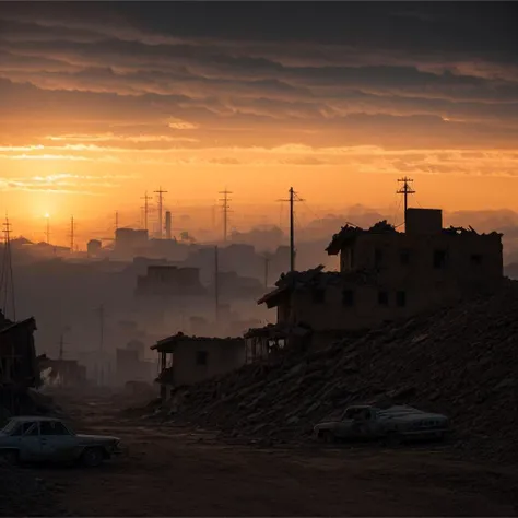 ((best quality)), ((masterpiece)), ((inked)), majestic intricately detailed soft oil painting by jim lee, (landscape shote of a post apocalyptic ruined rainy city:1.2),dusty crumbling rubble, desolate, scorching sun, sun set, somber, (backlit:1.3), highres...