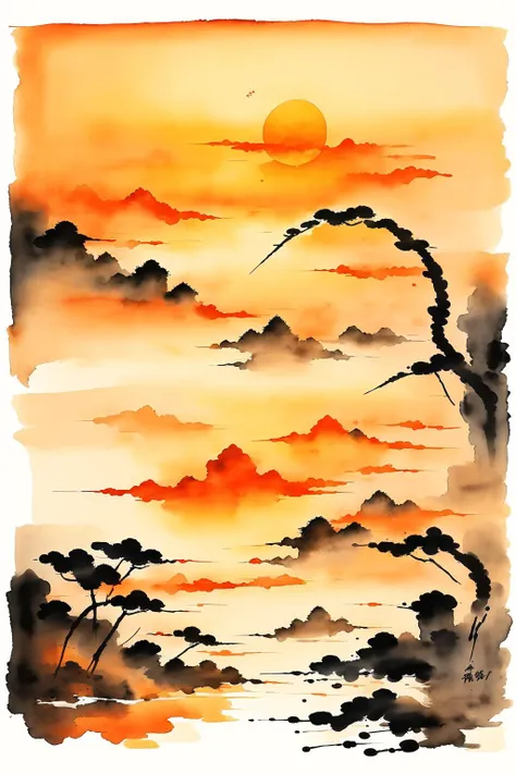 <lora:ink and wash1.5v1:1> ink and wash, sunset