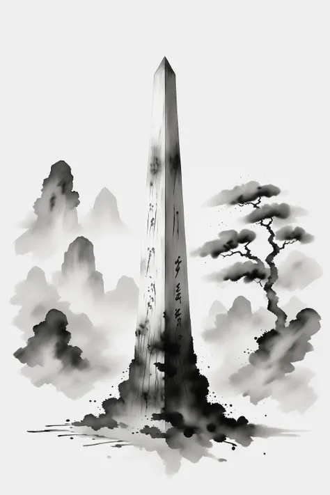 <lora:ink and wash1.5v1:1> ink and wash obelisk, grayscale