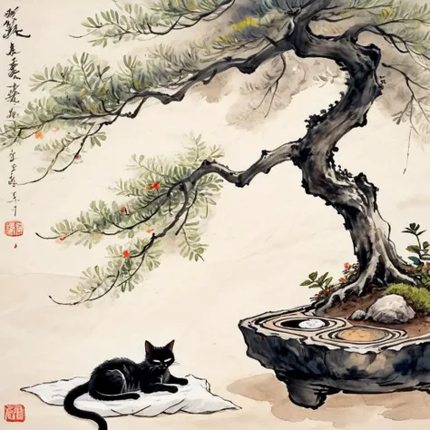 there is a painting of a cat sitting under a tree