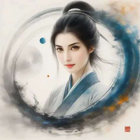 a painting of a woman with a blue circle around her