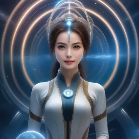 a woman in a futuristic suit with a glowing halo around her