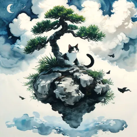 painting of a cat sitting on a rock with a tree on top