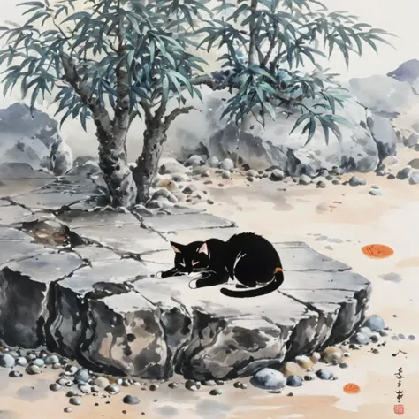 there is a painting of a cat sitting on a rock