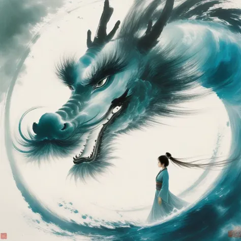 a woman in a white dress standing in front of a dragon