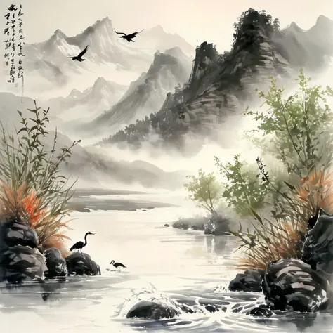 painting of a river with birds flying over it and mountains in the background