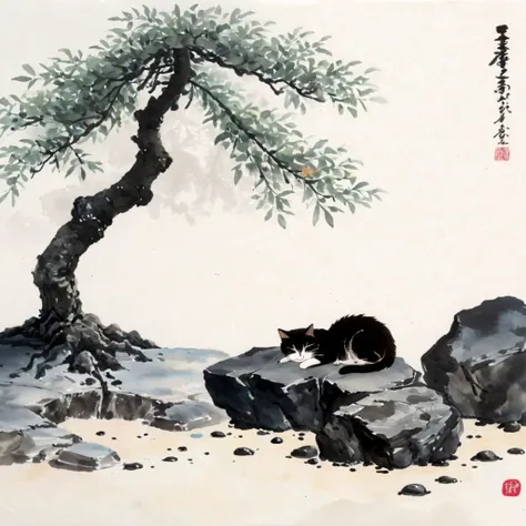 there is a painting of a cat sitting on a rock under a tree