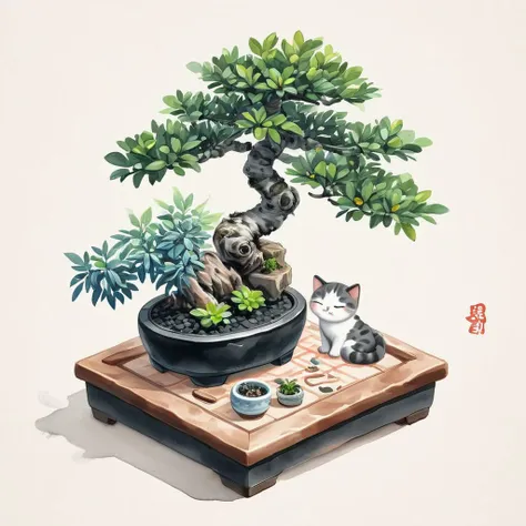 painting of a cat and a bonsai tree on a table