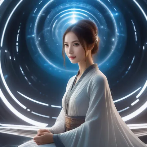 a woman in a white dress sitting in front of a spiral tunnel