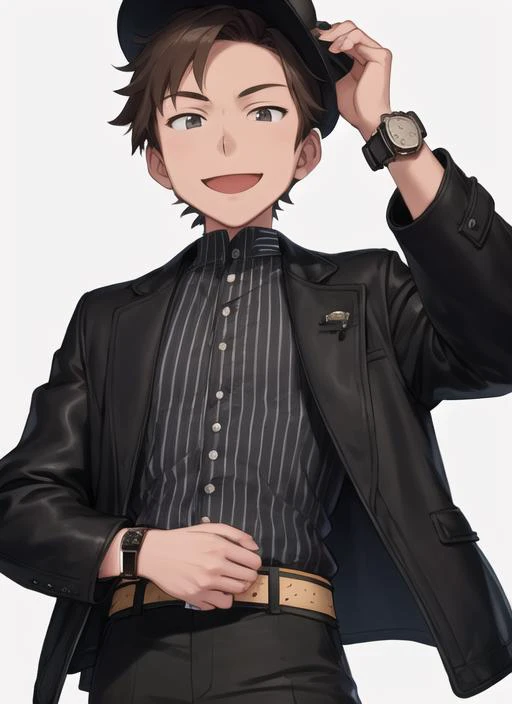 <lora:tomas21:0.8> solo, smile, open mouth, simple background, brown hair, shirt, 1boy, hat, jacket, male focus, open clothes, striped, collared shirt, belt, pants, black eyes, open jacket, black jacket, dark-skinned male, watch, striped shirt, wristwatch,...