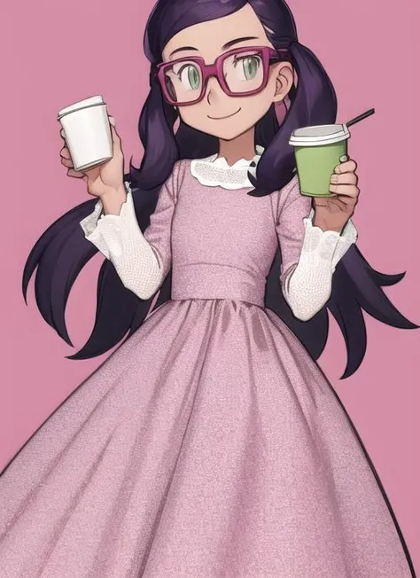 <lora:tomas21:1> 1girl, solo, smile, simple background, long sleeves, dress, holding, closed mouth, green eyes, purple hair, glasses, bag, cup, hands up, pink background, holding cup, semi-rimless eyewear, disposable cup, big hair, pink-framed eyewear