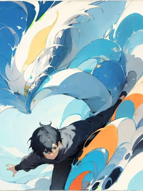 anime boy in black and blue outfit riding a wave on a surfboard