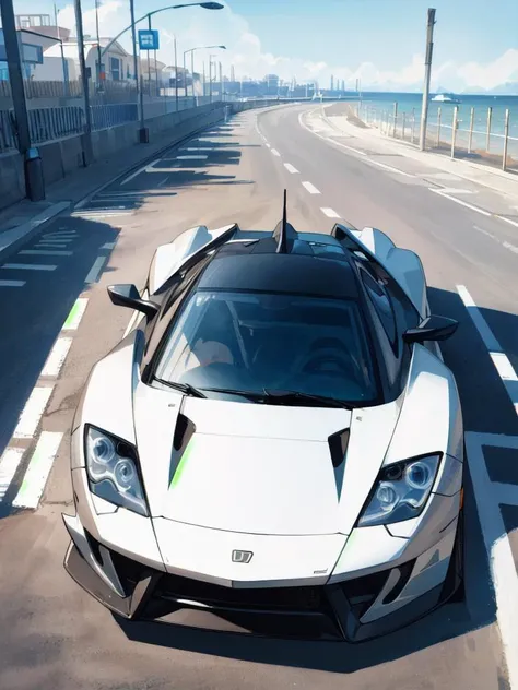 A dynamics Medium Close Up of a supercar captured in natural light, (run on street), midday, a seaside resort in background