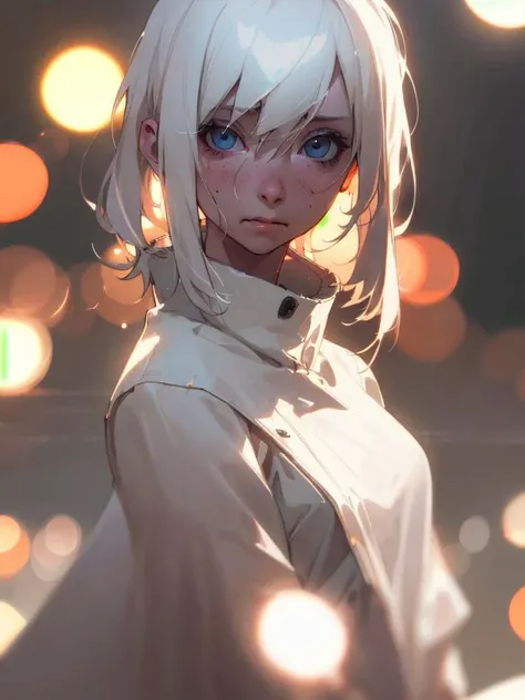 anime girl with white hair and blue eyes standing in front of a city